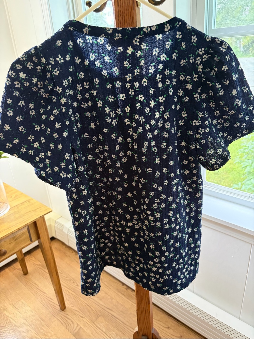 LOFT Navy Floral Split-Neck Short Sleeve Blouse - Picture 2 of 8
